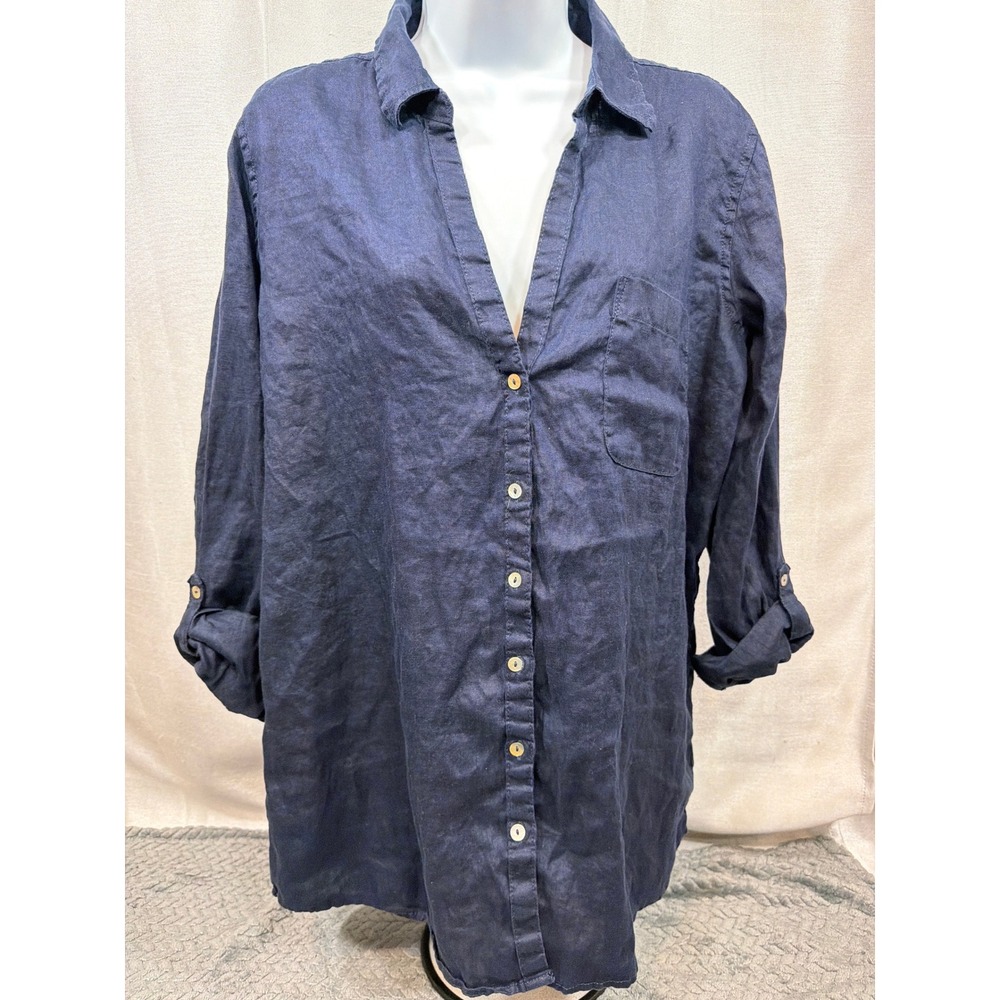 Sigrid Olsen Navy Blue 100% Linen Button Down Tunic Roll Tab Shirt Womens Large